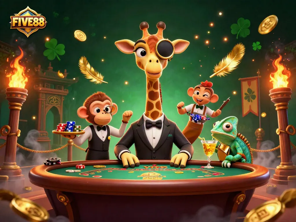 Join FIVE88's thrilling gaming experience with a vibrant illustration featuring a giraffe at a poker table.