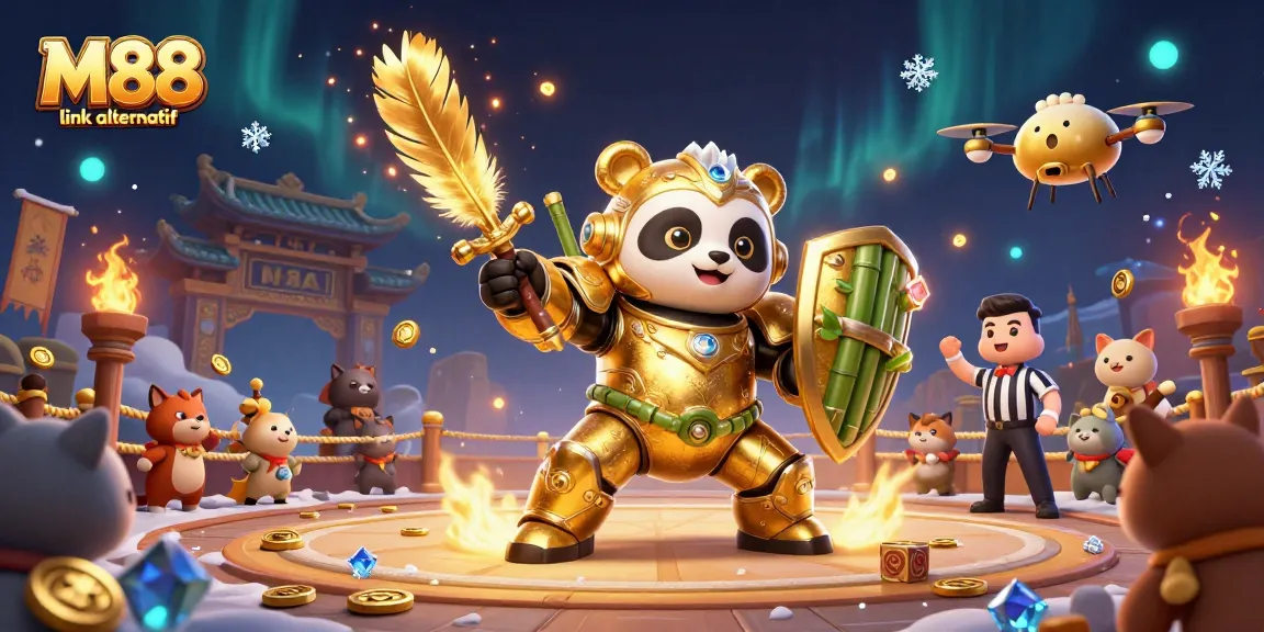 M88 link alternatif showcases a vibrant 3D arena with a golden panda and robot, capturing thrilling gambling action.