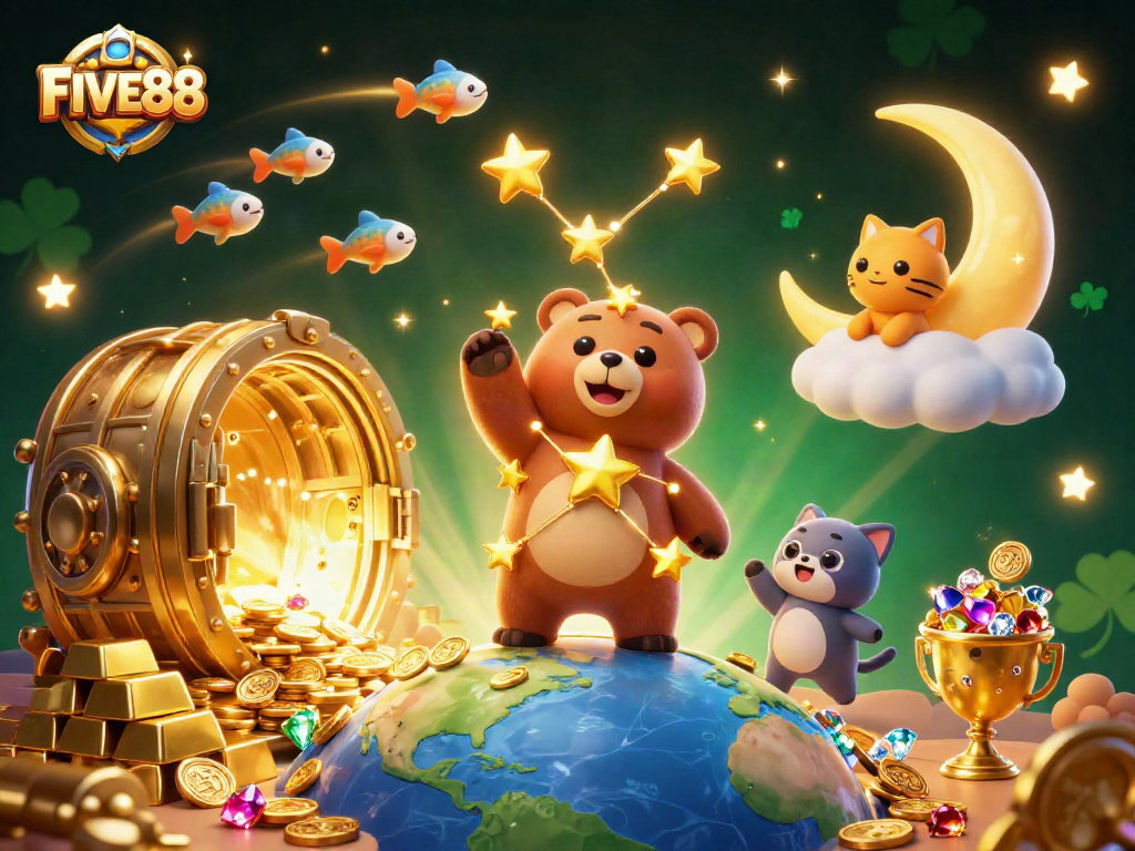 Engage in exciting gaming adventures at FIVE88 with dazzling gold treasures and vibrant characters.