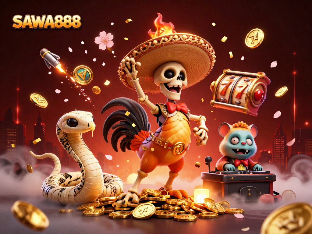 SAWA888 showcases lively gaming action featuring a mariachi rooster and engaging slot elements in a colorful animation.