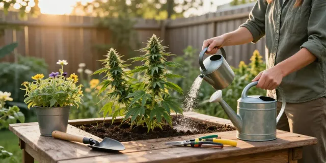 Watering THC autoflower seeds in a serene garden, emphasizing Autoflower Samen kaufen.