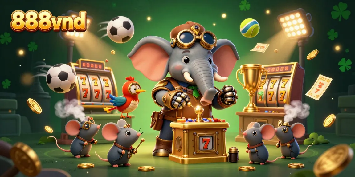 Spin the golden slots at 888vnd featuring a steampunk elephant, jackpot reels, and lively sports elements.