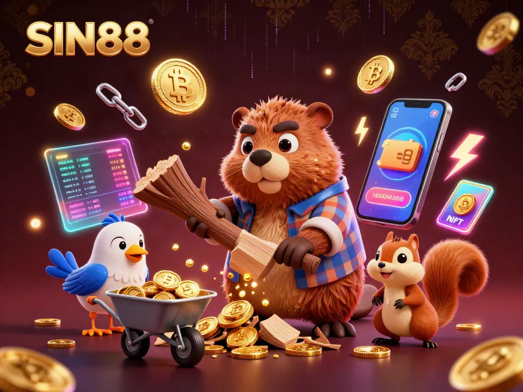 SIN88's dynamic online gaming scene with cartoon characters gathering gold coins amidst blockchain elements.