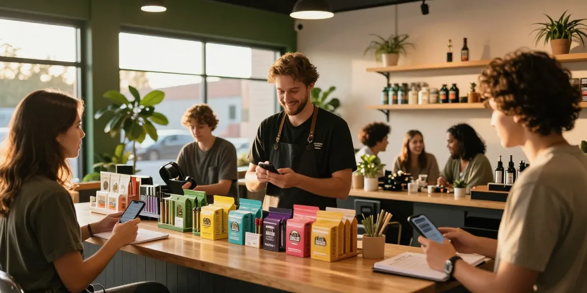 Customers exploring Muha Meds cannabis products in a vibrant shop, showcasing community engagement.