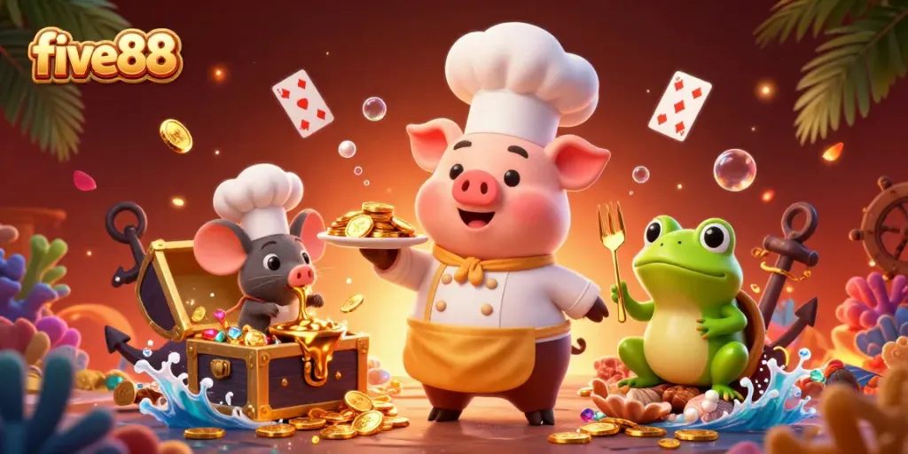 Experience the excitement of five88 casino with our vibrant 3D characters serving gold coins amidst a treasure-filled scene.
