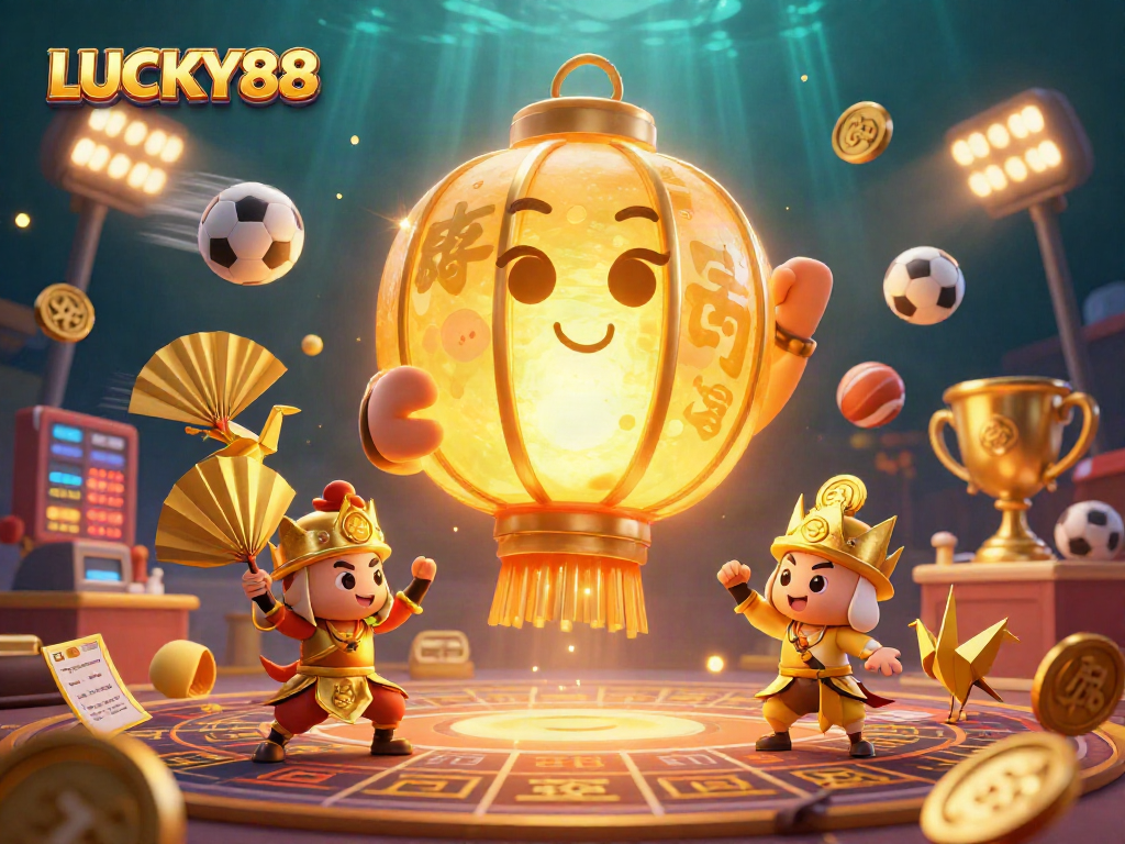LUCKY88 illuminates a pulsating casino scene with winning sports elements and dynamic energy.