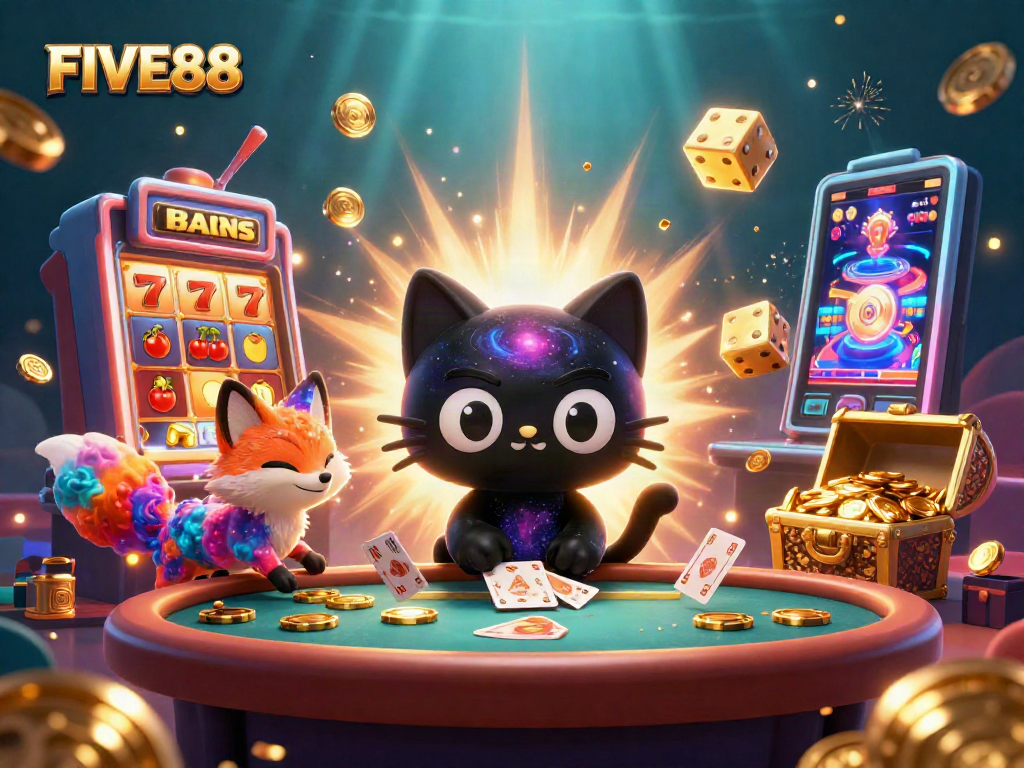 Engage with fun visuals of FIVE88 as a black hole cat and cosmic casino scene come alive.