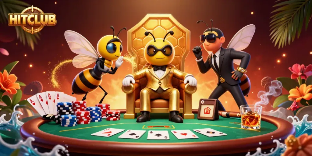 Join the excitement of HITCLUB with a vibrant animated poker scene featuring a buzzing mob boss!