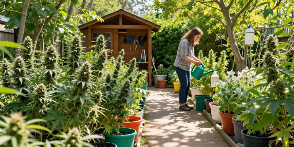 Autoflower Samen kaufen in einem üppigen Garten mit Cannabis-Pflanzen