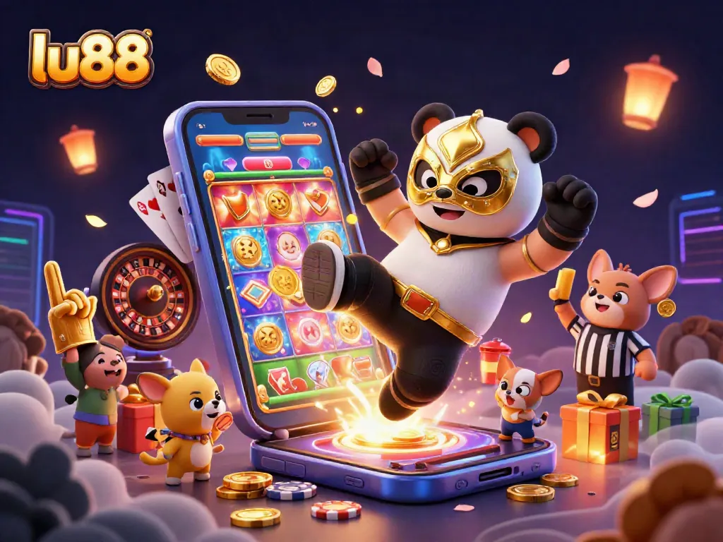 Experience dynamic gameplay with lu88 as a wrestler panda flies through the air, surrounded by vibrant casino elements.