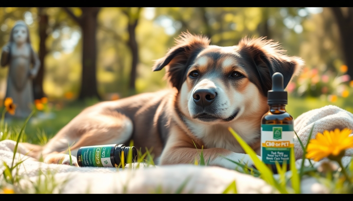 Dog enjoying CBD For Pet products in a sunny park, symbolizing health and relaxation.