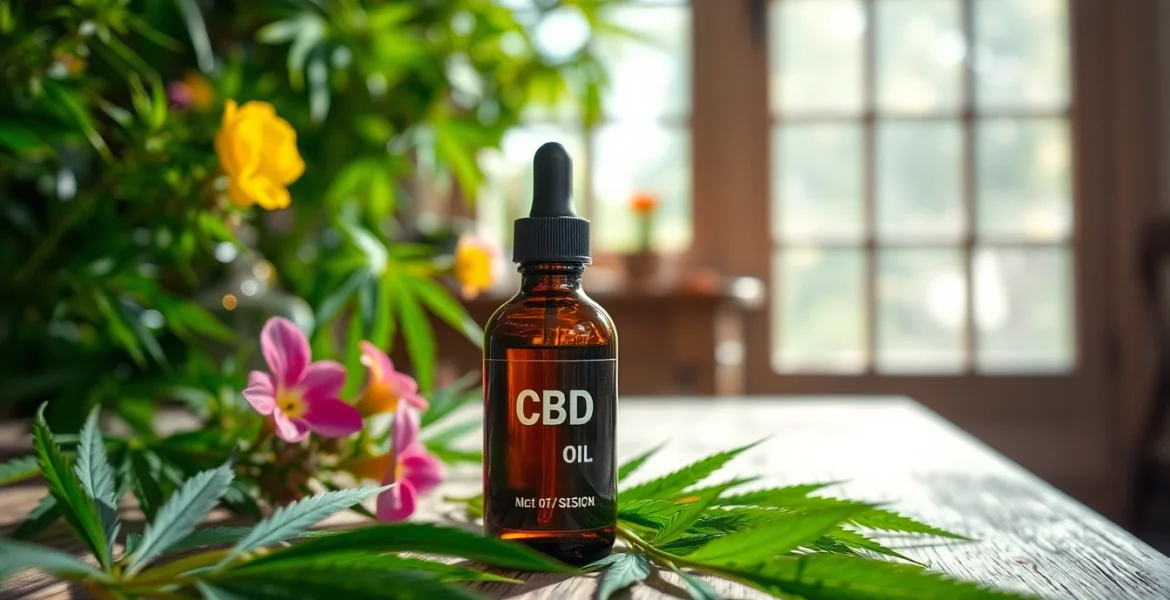 Showcase CBD Oil in a bottle with fresh hemp leaves on a wooden table.