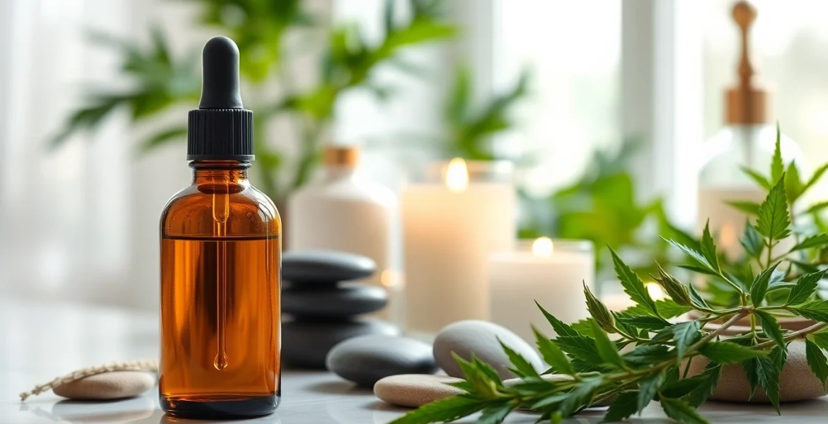 Reveal the benefits of CBD oil for skin through a serene skincare setting featuring CBD oil.