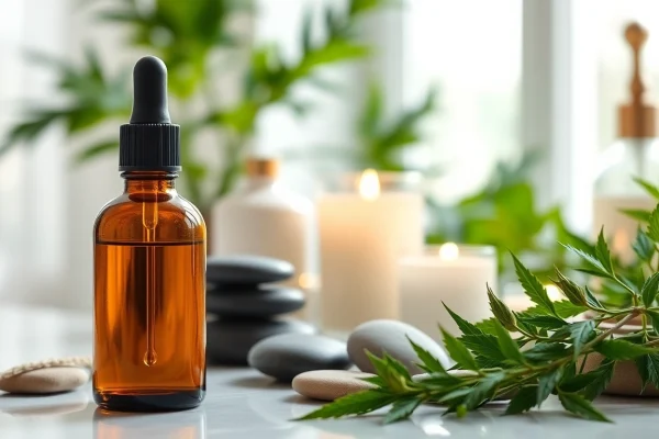 Reveal the benefits of CBD oil for skin through a serene skincare setting featuring CBD oil.