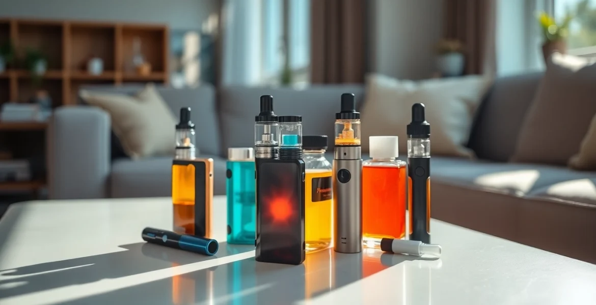 Showcase of Vape & E-Liquids in a stylish modern living room with vibrant colors.