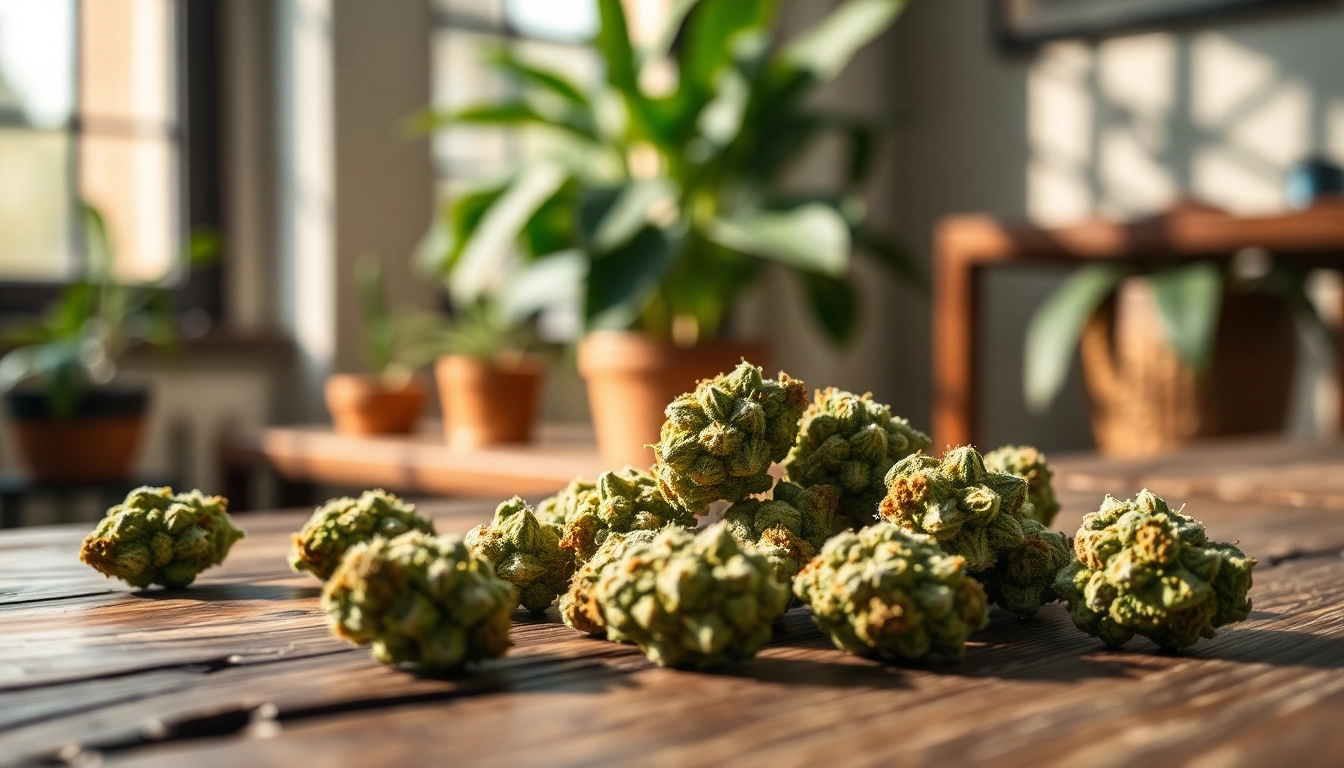Mental Wellness CBD buds enhancing tranquility on a rustic wooden table, highlighting their natural texture.