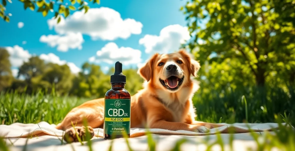 Dog resting in a field next to CBD Oil For Dog, showcasing calm and wellness.