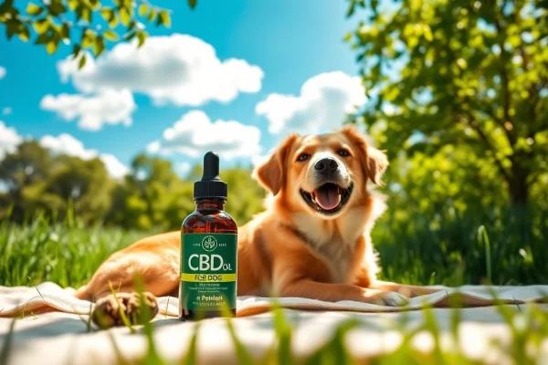 Dog resting in a field next to CBD Oil For Dog, showcasing calm and wellness.