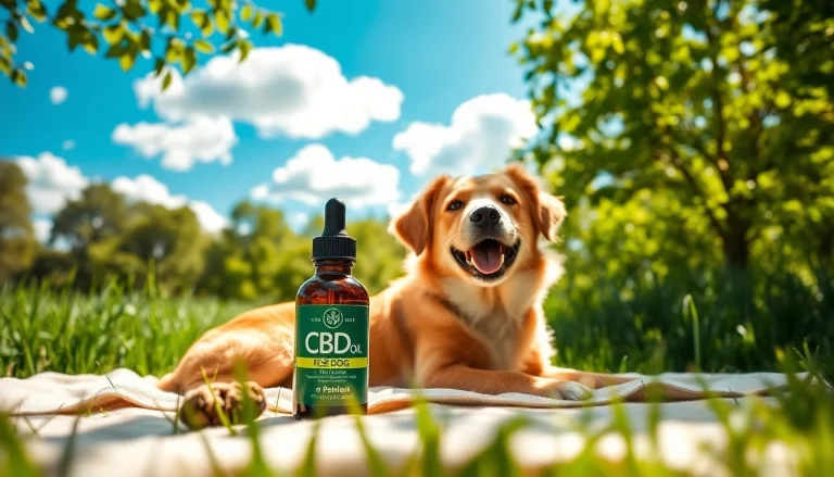 Dog resting in a field next to CBD Oil For Dog, showcasing calm and wellness.
