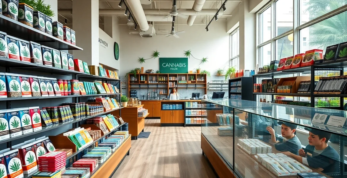 Shop inside a weed store featuring vibrant cannabis product displays and inviting ambiance.