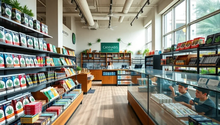Shop inside a weed store featuring vibrant cannabis product displays and inviting ambiance.