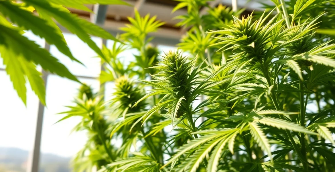 Cannabis legal espagne: Cultivating cannabis plants in a bright greenhouse with detailed leaves.