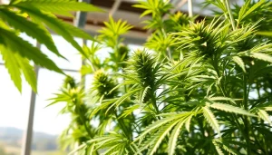 Cannabis legal espagne: Cultivating cannabis plants in a bright greenhouse with detailed leaves.