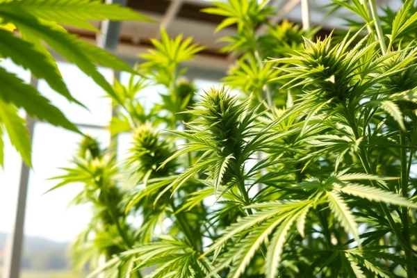 Cannabis legal espagne: Cultivating cannabis plants in a bright greenhouse with detailed leaves.