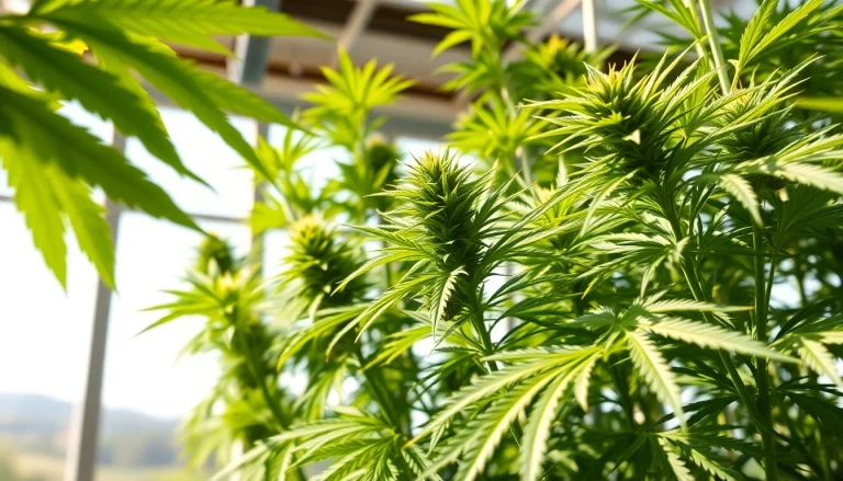 Cannabis legal espagne: Cultivating cannabis plants in a bright greenhouse with detailed leaves.