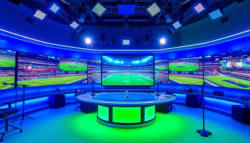 Engaging scene of sports broadcasting showcasing a vibrant studio setup filled with energy.