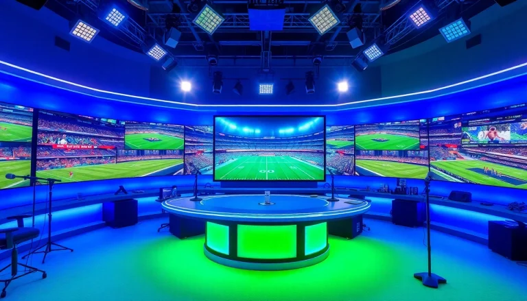 Engaging scene of sports broadcasting showcasing a vibrant studio setup filled with energy.
