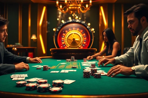 Experience excitement at https://rr88co.net/ with a high-stakes poker game showcasing premium chips and cards.