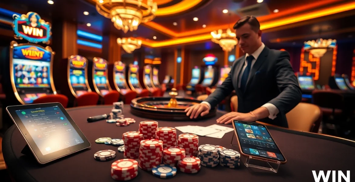 IWIN engaging players at an elegant casino table with poker chips, cards, and vibrant slot machines.