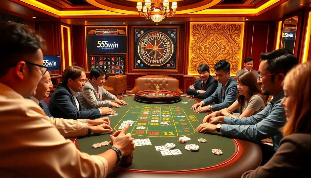 Exciting casino poker game featuring 555win branding and vibrant atmosphere.