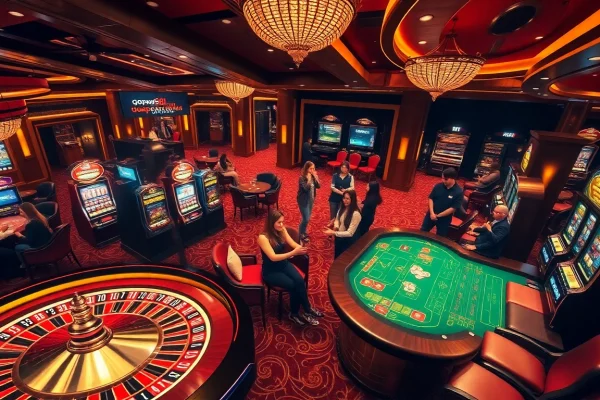 Engage in thrilling games at a luxurious casino showcasing Gopay88 Daftar among vibrant slot machines.