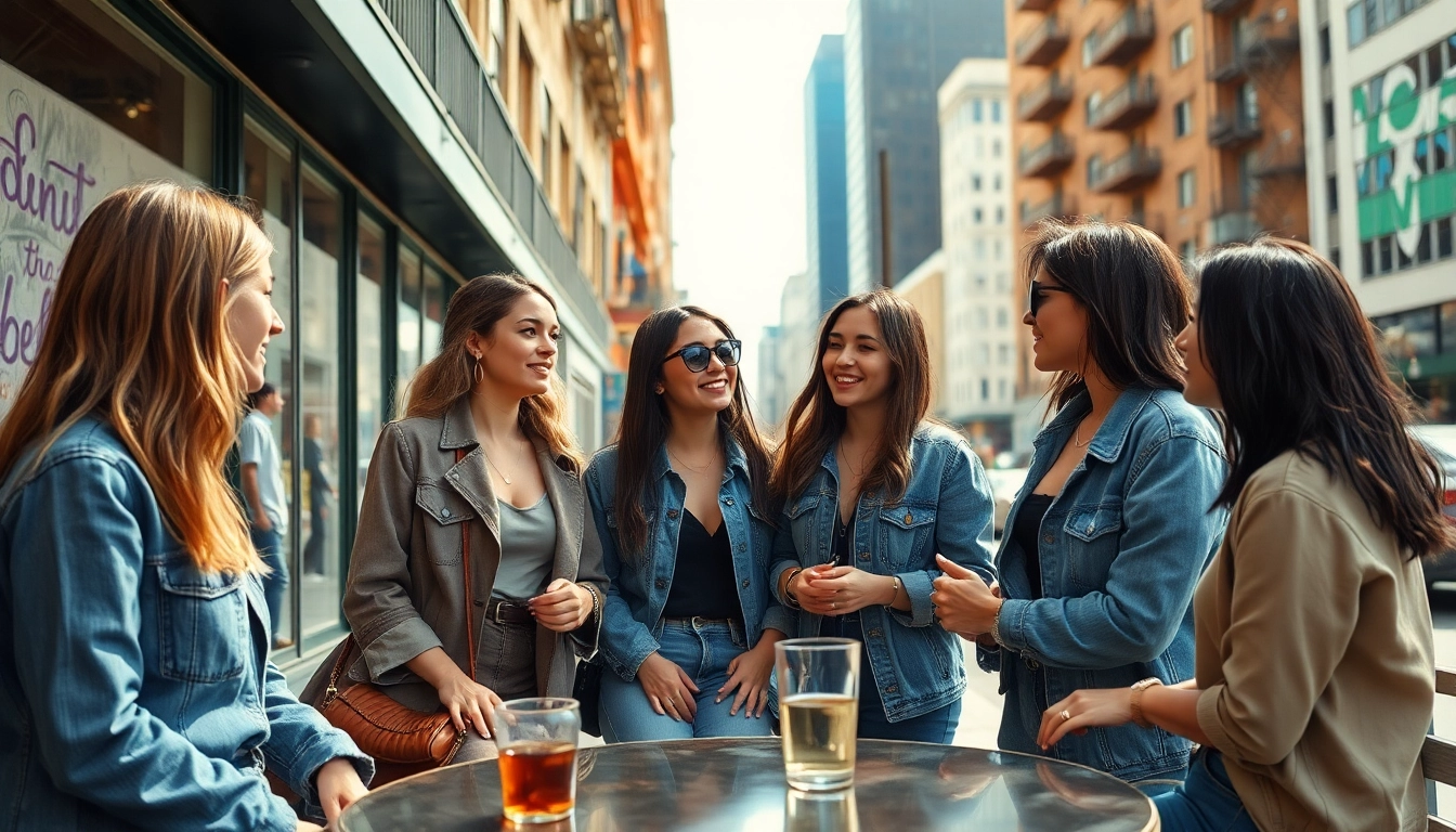 Find OnlyFans girls in my area through vibrant social interactions in an urban café setting.