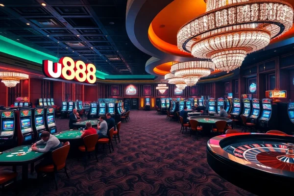 Experience the excitement of u888 at a luxurious casino featuring vibrant gaming tables and slot machines.