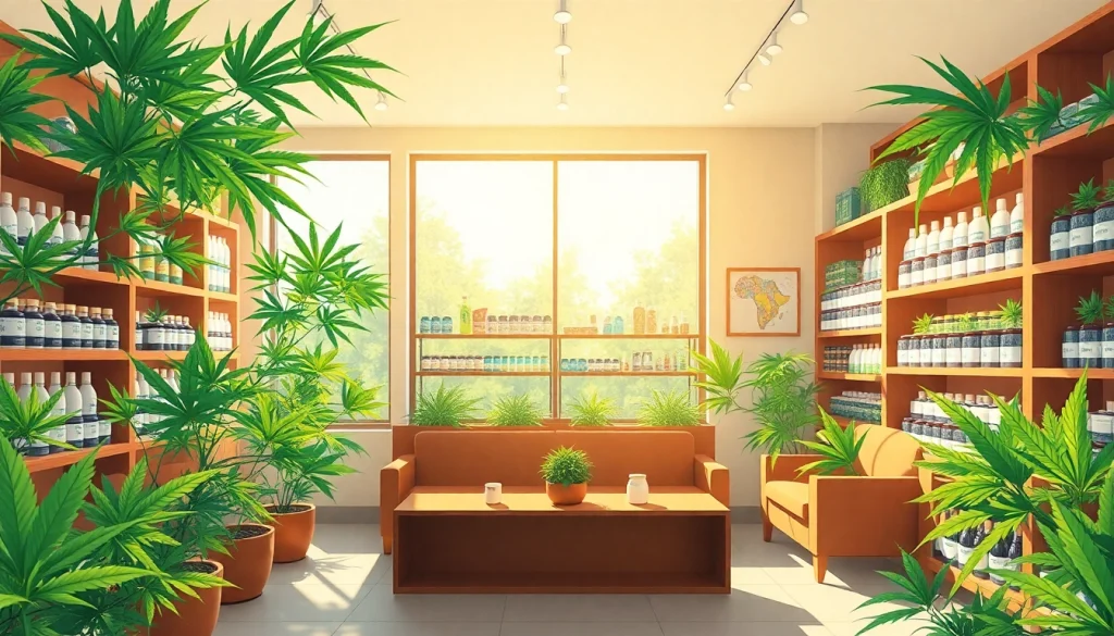Buy weed online with vibrant display in a modern cannabis shop interior.