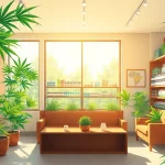 Buy weed online with vibrant display in a modern cannabis shop interior.