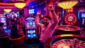 PEN4D players celebrate a big win at an exciting slot machine in a vibrant casino setting.
