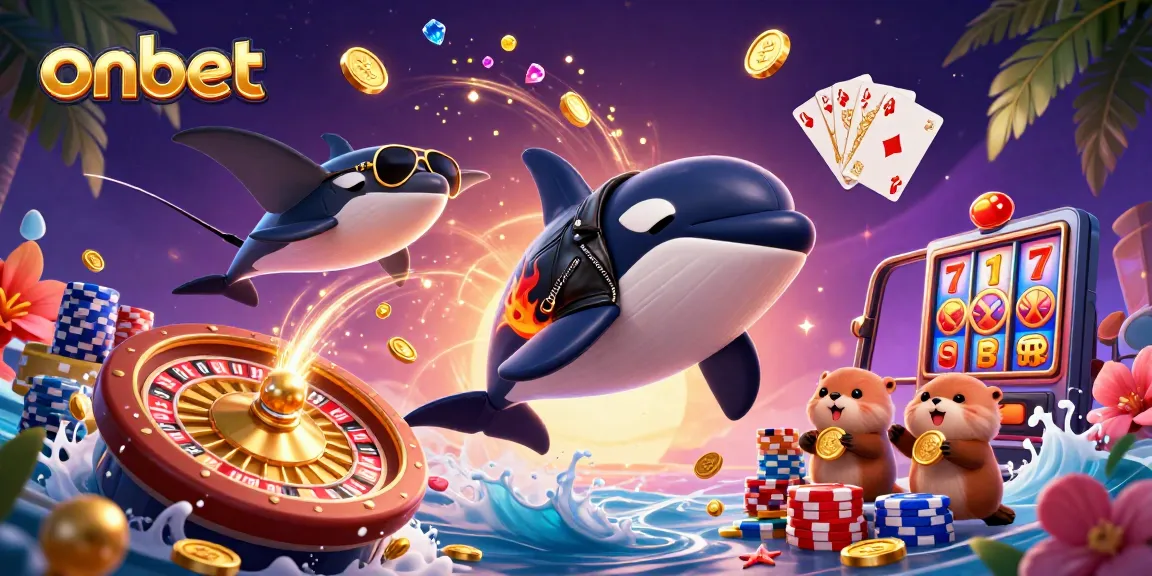 Experience winning moments at onbet with vibrant casino characters amidst cascading coins and treasures.