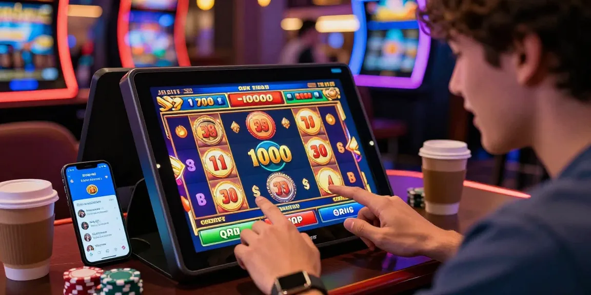 Engaged player making a slot deposit 1000 on a tablet in a vibrant online casino setting, showcasing the excitement of digital gaming.