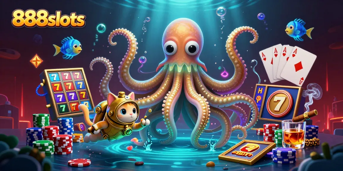 Engage with exciting 888slots games as a kraken and diving cat explore a treasure-rich ocean.
