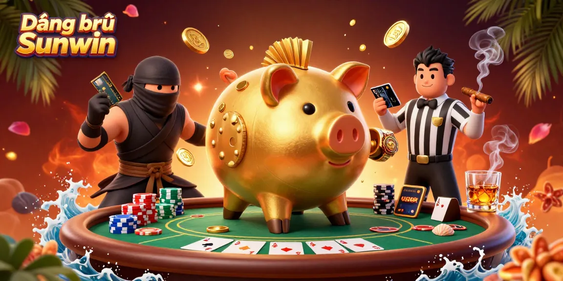 Engage with Đăng ký Sunwin through this dynamic illustration featuring a golden piggy bank sumo wrestler amidst colorful poker elements.