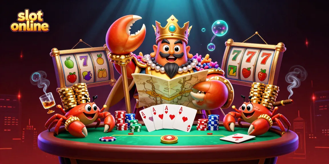 Engage with slot online excitement featuring a golden crab emperor in a vibrant casino scene.