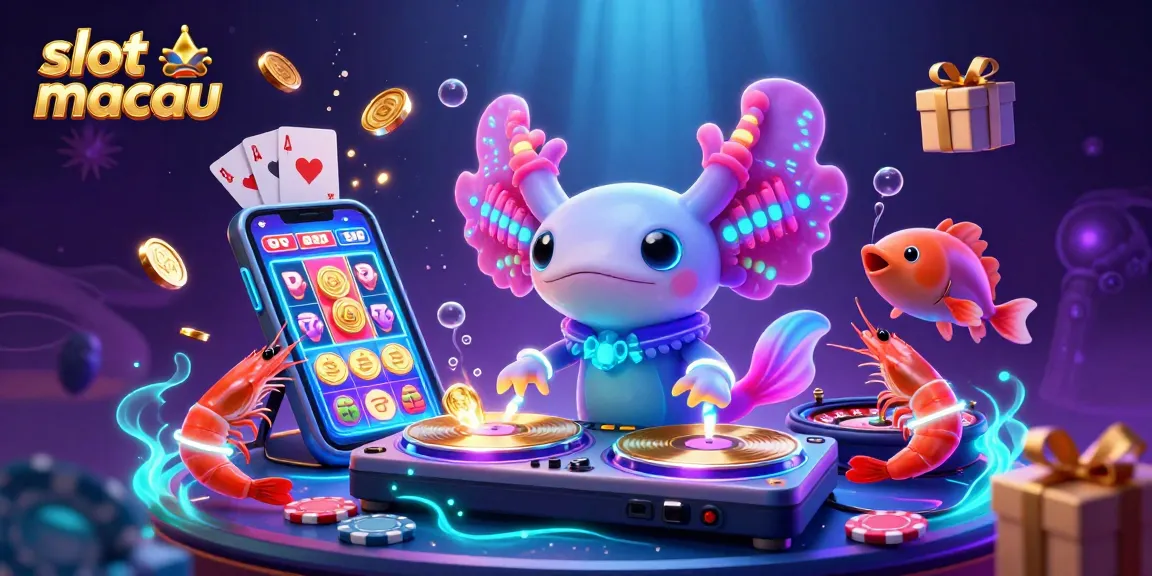 Experience thrilling gameplay in slot macau with a vibrant underwater casino scene featuring a DJ axolotl and lively shrimp dancers.