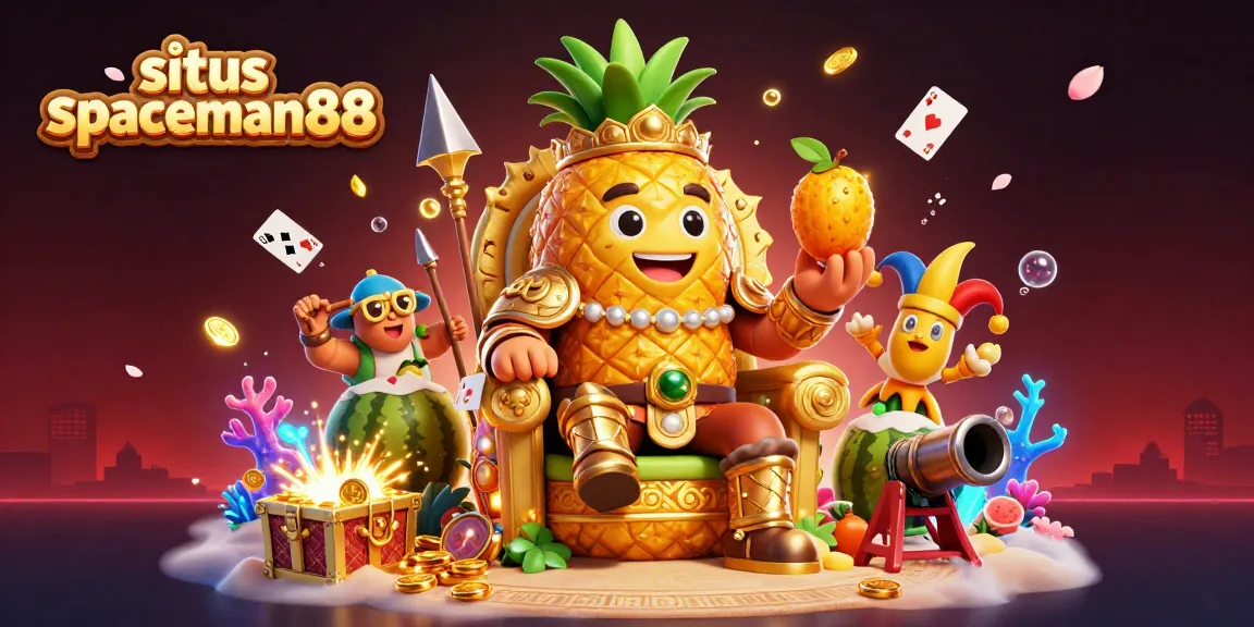 Join the vibrant fun at situs spaceman88 with a golden pineapple king ruling over a breath-taking casino scene.